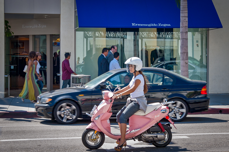Transportation on Rodeo Drive - Gal on Pink Mobed Scooter and High Heels
